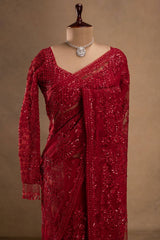 Heavy Red Sequined Net Saree.