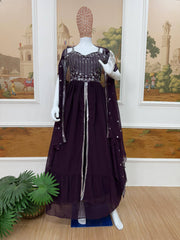 Regal Gown with Silver Embellishment and Cape Sleeves