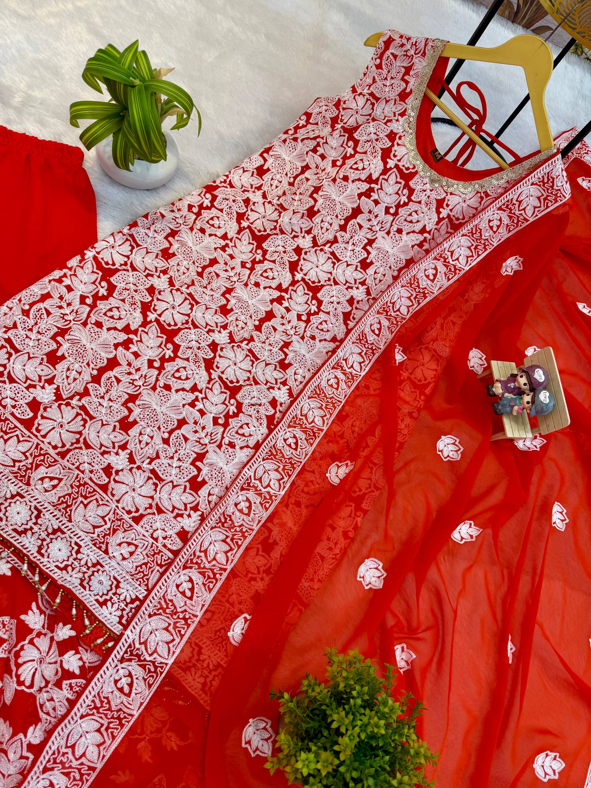 Elegant Red Sharara Suit with Intricate White Embroidery